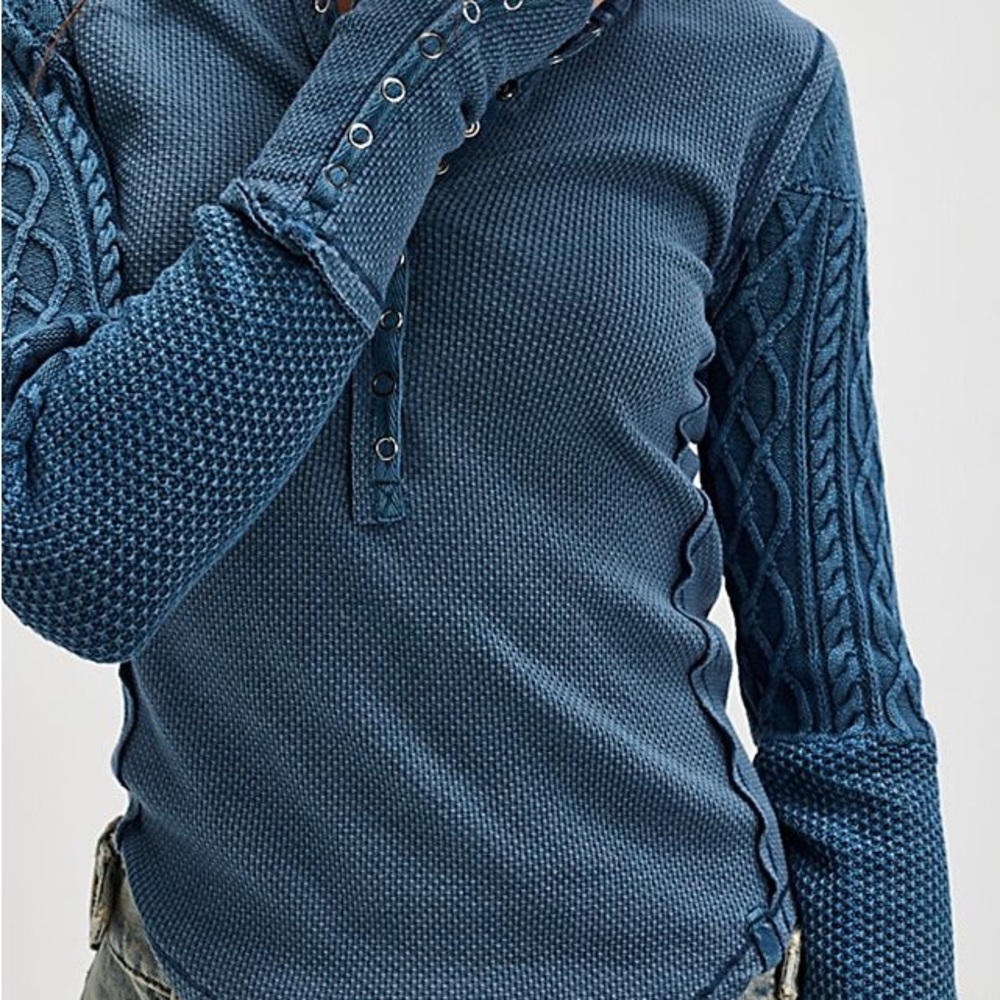 Free People Indigo Blue Textured Henley Sweater